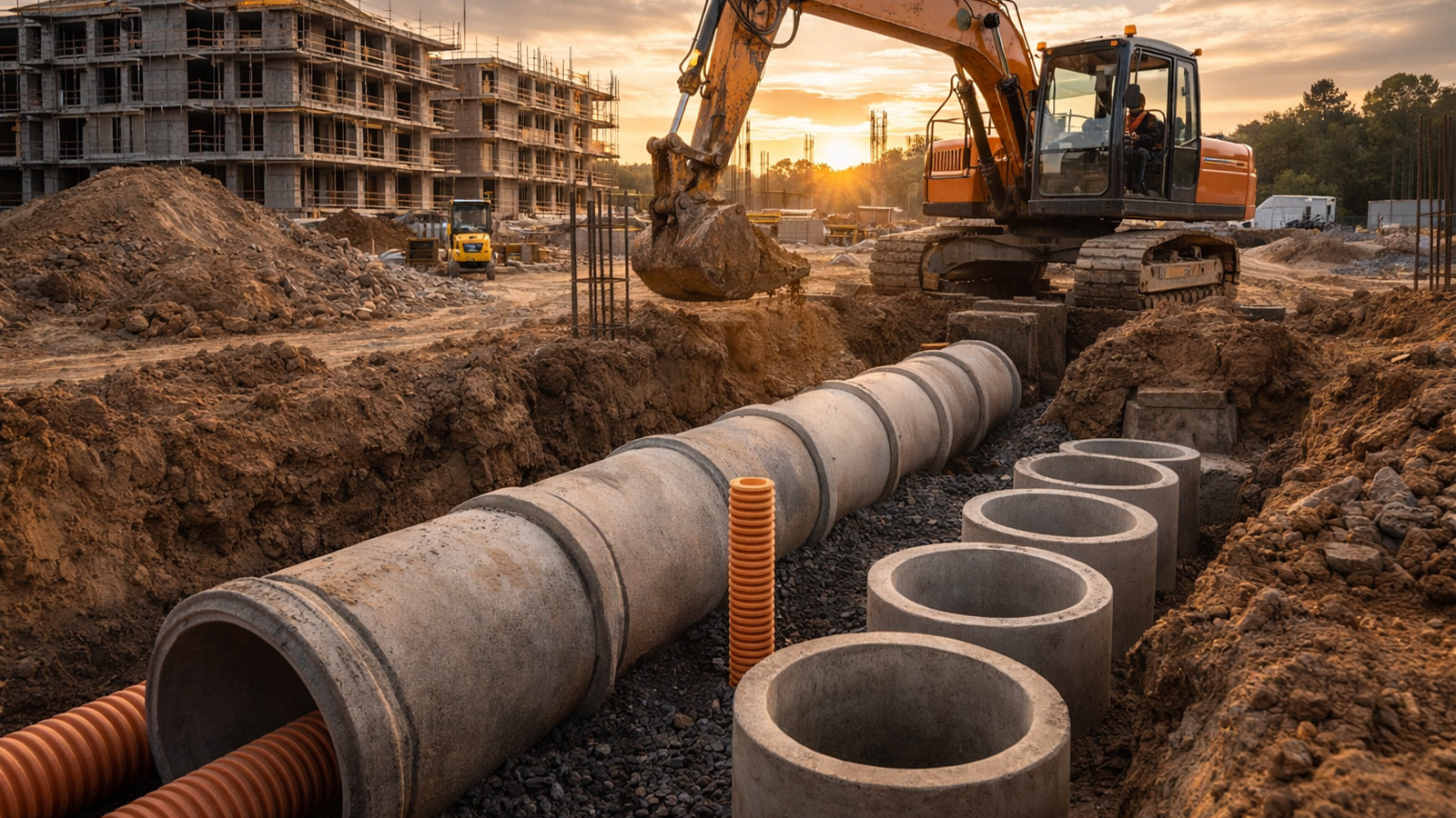Groundworks and drainage installation with excavator and concrete pipes
