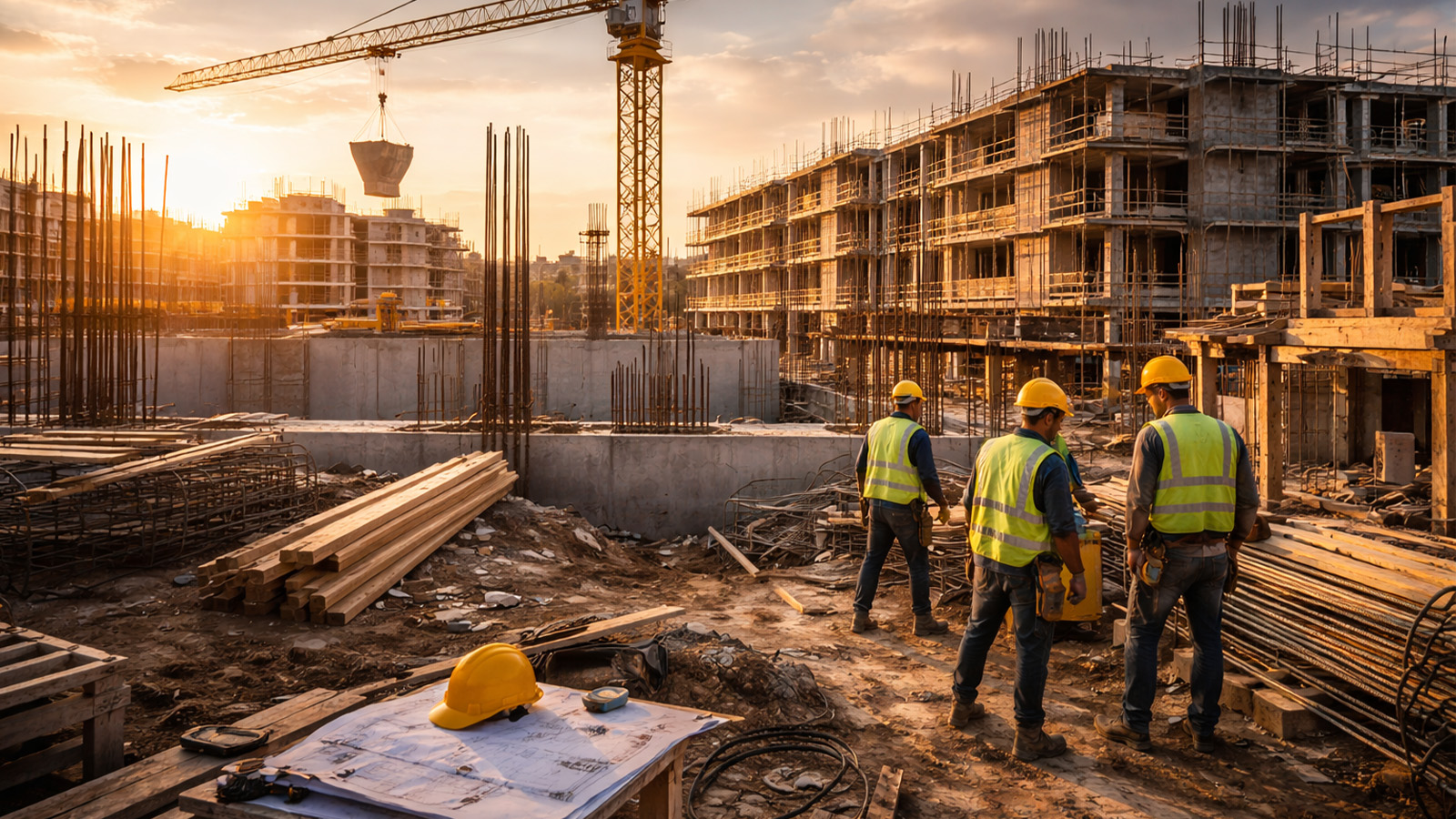 New build construction site with workers, crane and structural framework