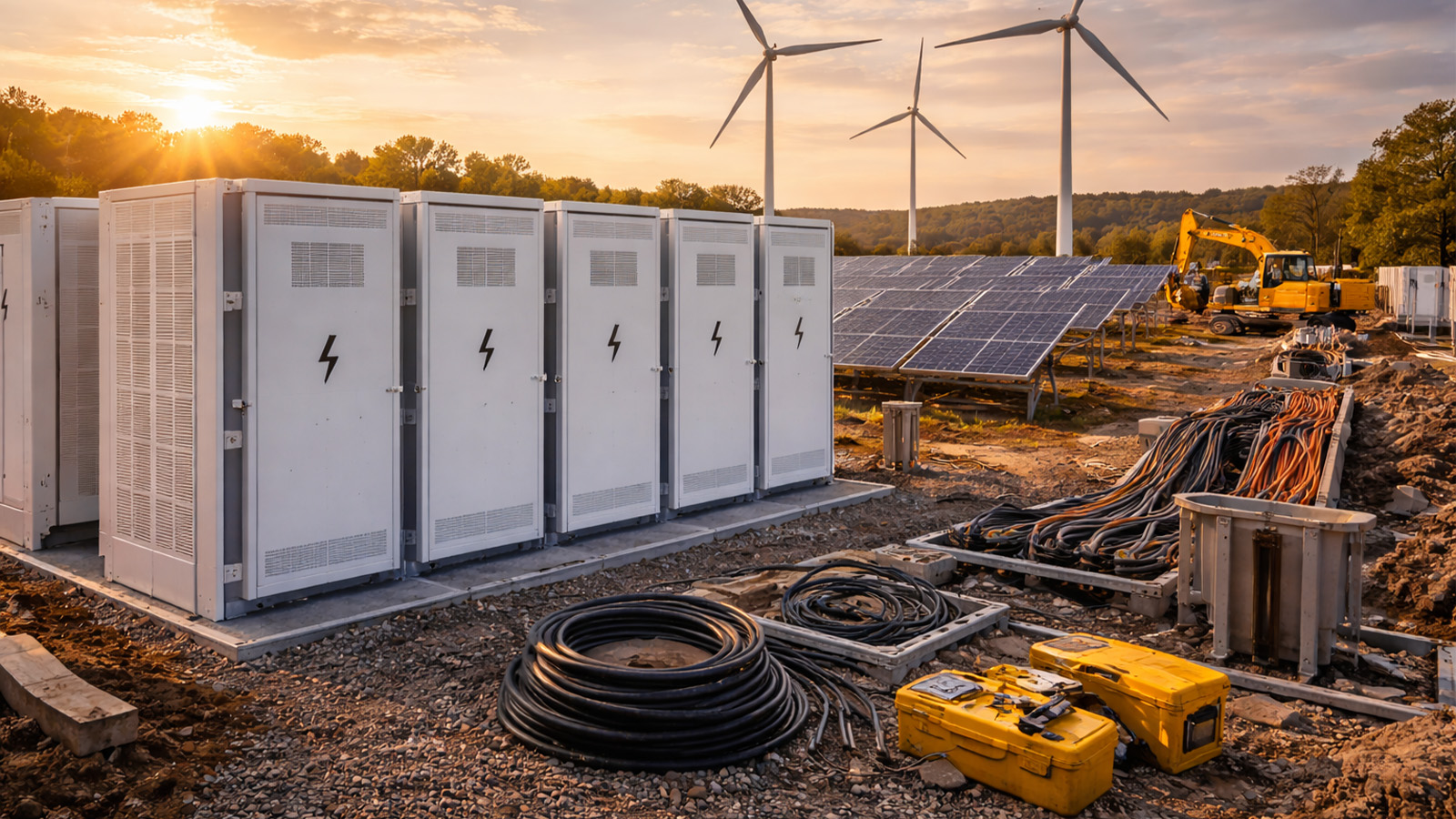 Solar panels, wind turbines and battery storage units at renewable energy site