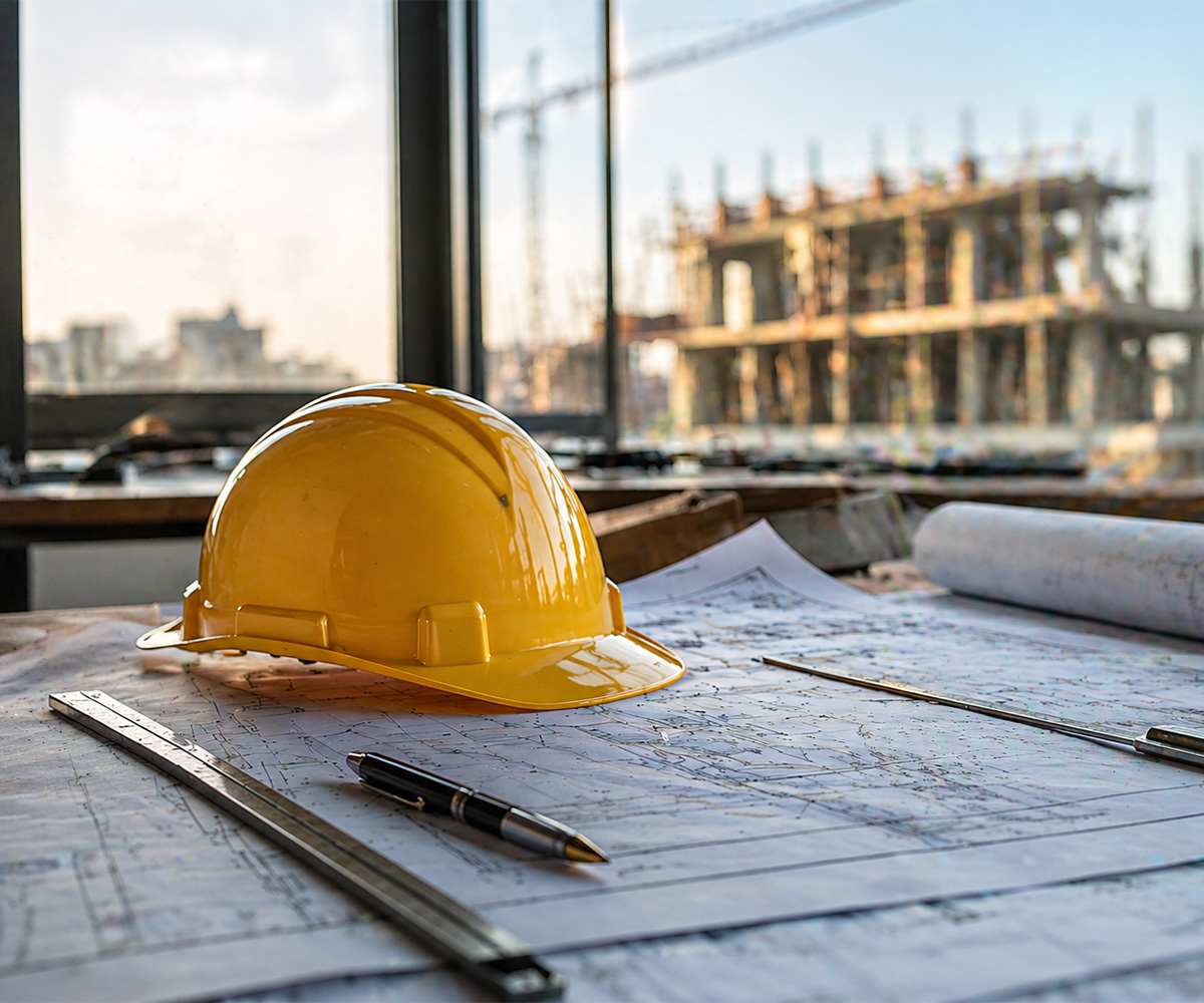 Construction helmet on project plans with building site in the background
