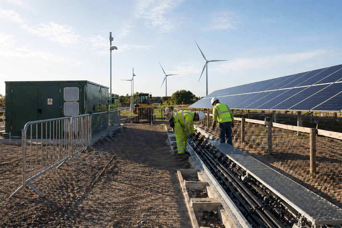 Energy and infrastructure construction works with cable ducting and renewable energy elements