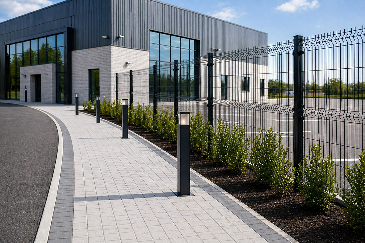 Modern external works with smooth paving, fencing and site finishing around commercial building