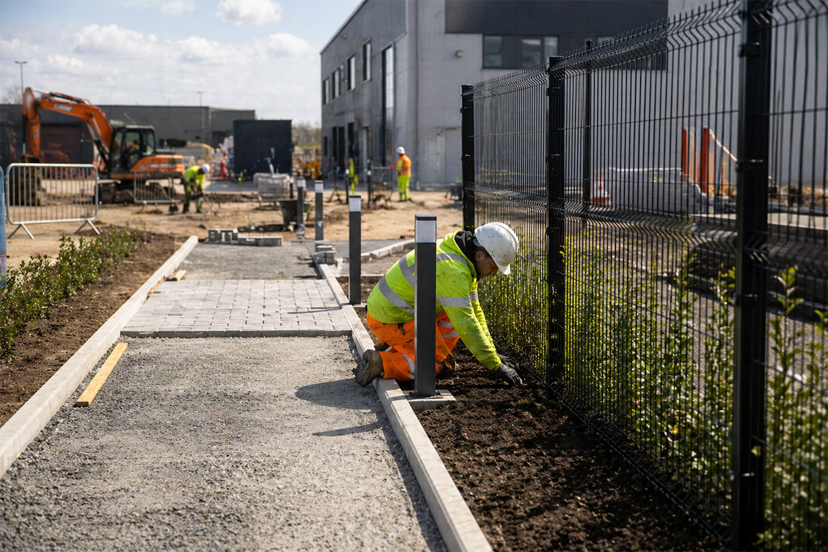 Specialist external works including fencing, paving and site finishing on construction site