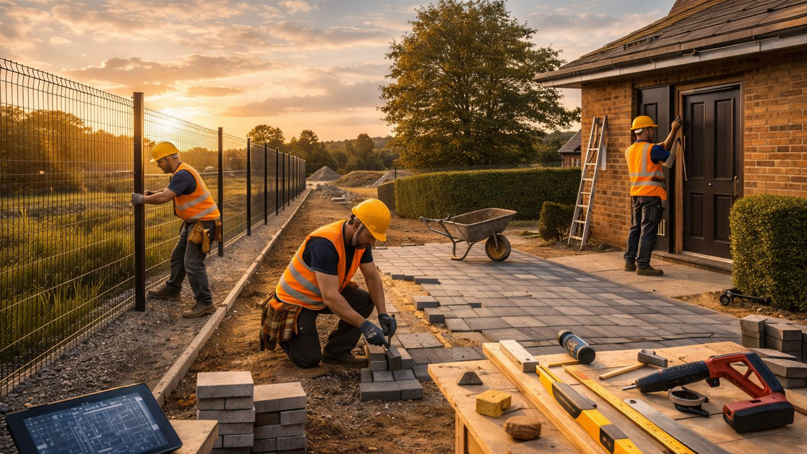 Fencing installation, paving works and exterior finishing on construction site
